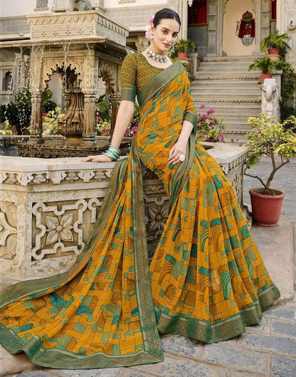 Mustard Yellow Printed Georgette Saree