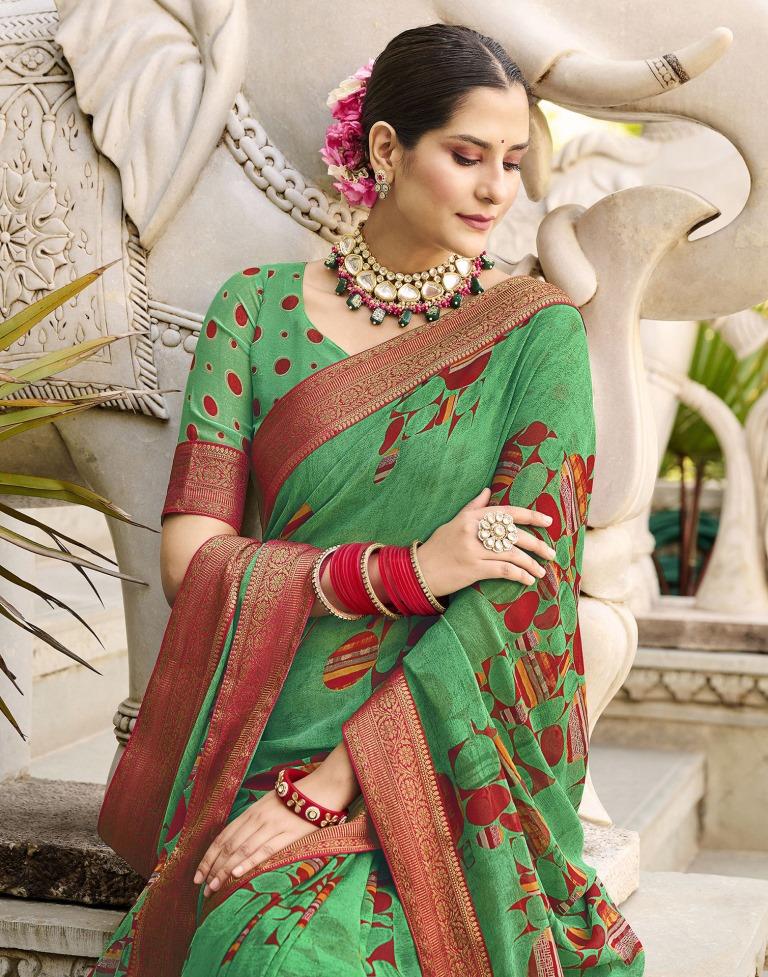 Green Printed Georgette Saree