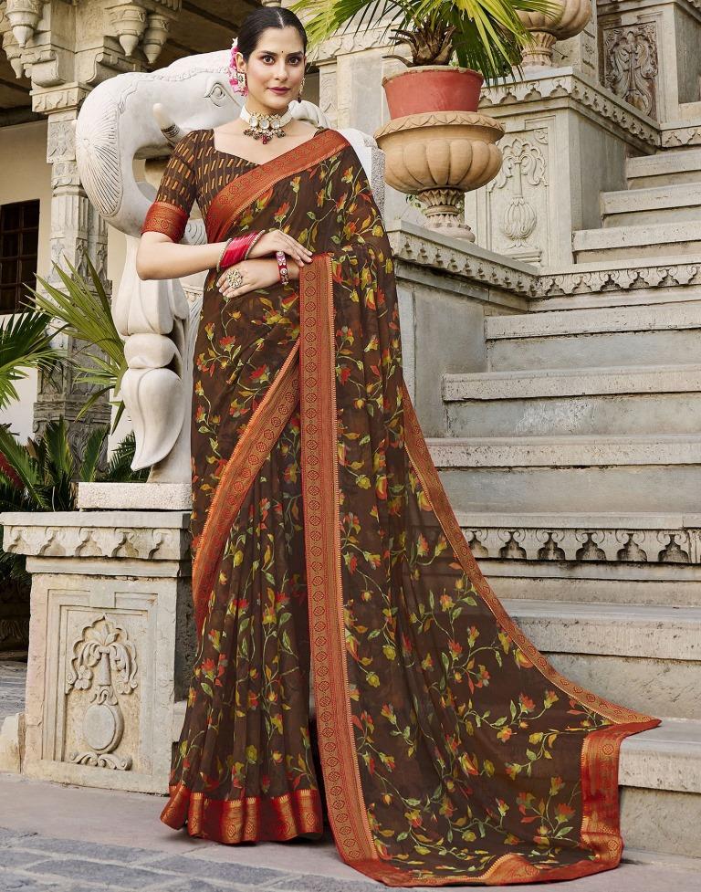 Brown Printed Georgette Saree