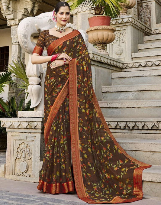 Brown Printed Georgette Saree