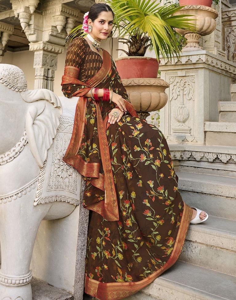 Brown Printed Georgette Saree