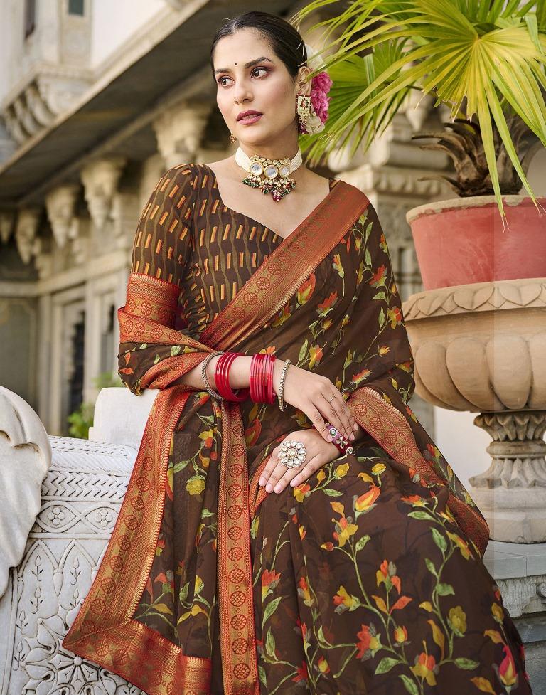Brown Printed Georgette Saree