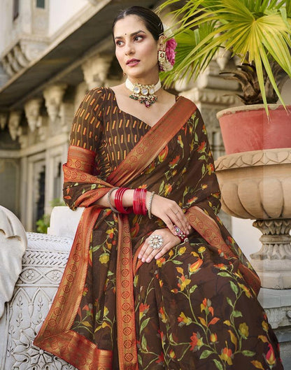 Brown Printed Georgette Saree