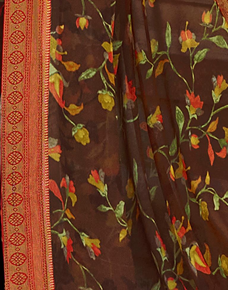 Brown Printed Georgette Saree