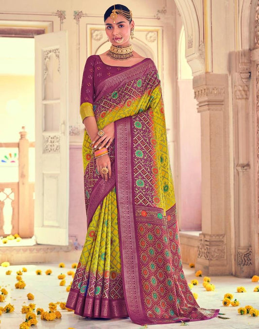 Parrot Green Bandhani Silk Printed Saree | Leemboodi