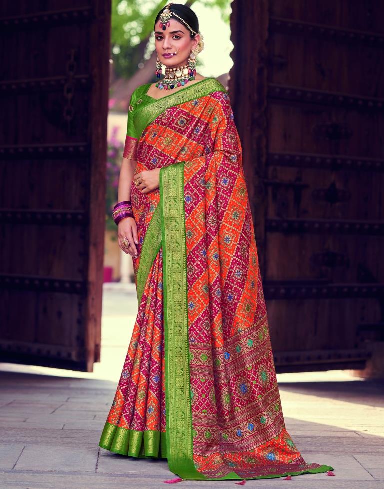 Orange Bandhani Silk Printed Saree | Leemboodi