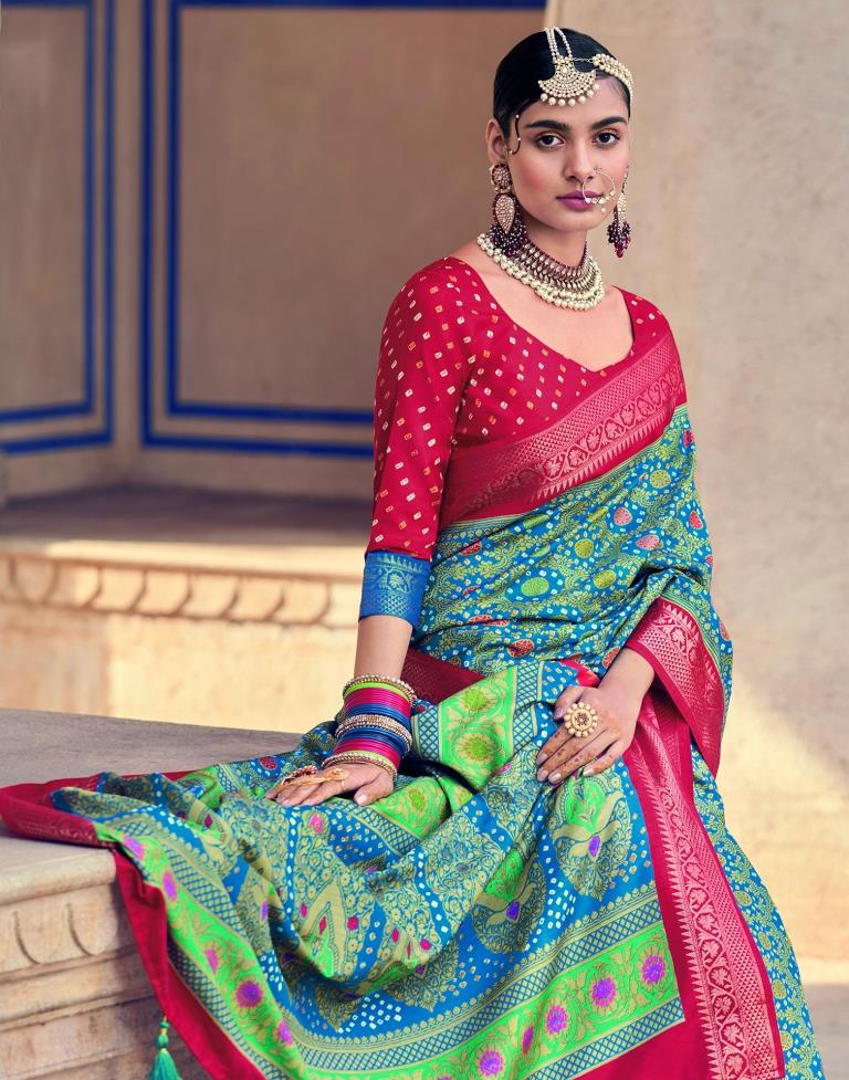 Sky Blue Bandhani Silk Printed Saree | Leemboodi