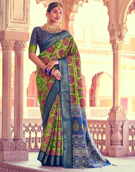 Green Bandhani Silk Printed Saree | Leemboodi