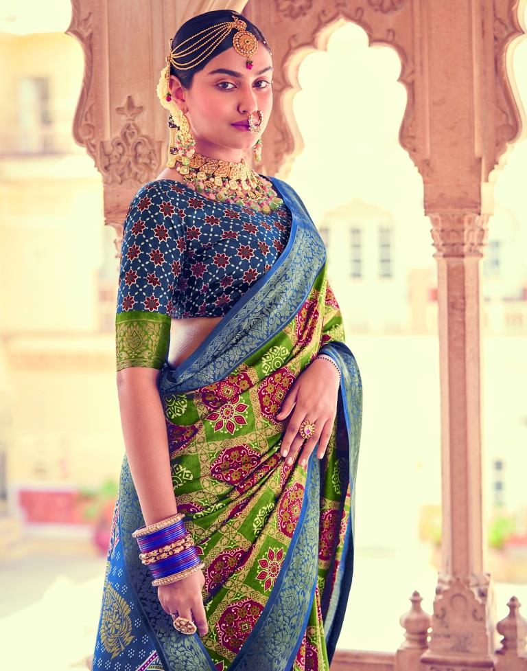 Green Bandhani Silk Printed Saree | Leemboodi