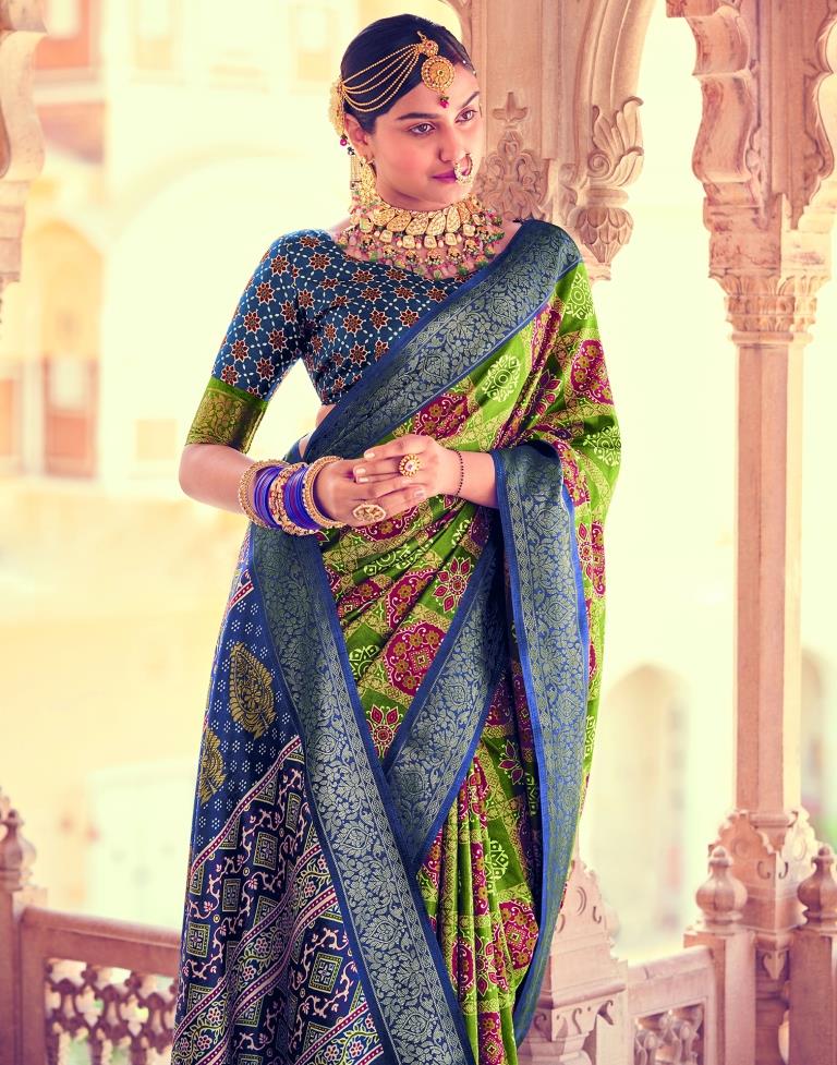 Green Bandhani Silk Printed Saree | Leemboodi
