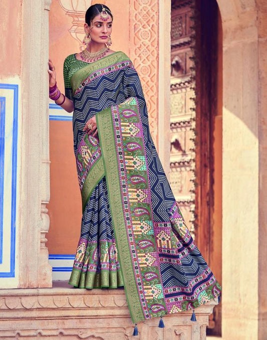 Blue Bandhani Silk Printed Saree | Leemboodi
