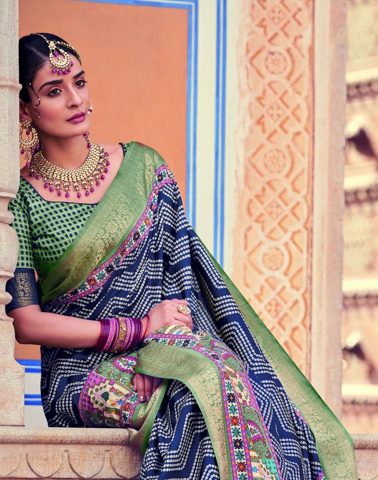 Blue Bandhani Silk Printed Saree | Leemboodi