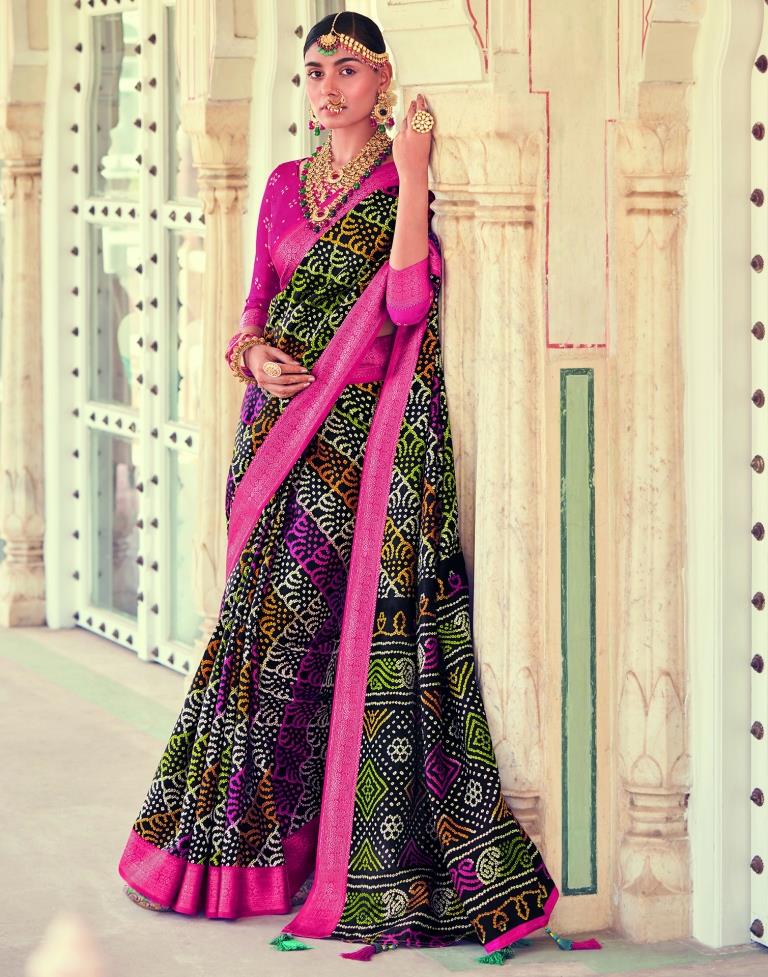 Black Bandhani Silk Printed Saree | Leemboodi