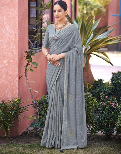 Grey Chiffon Printed Saree | Sudathi