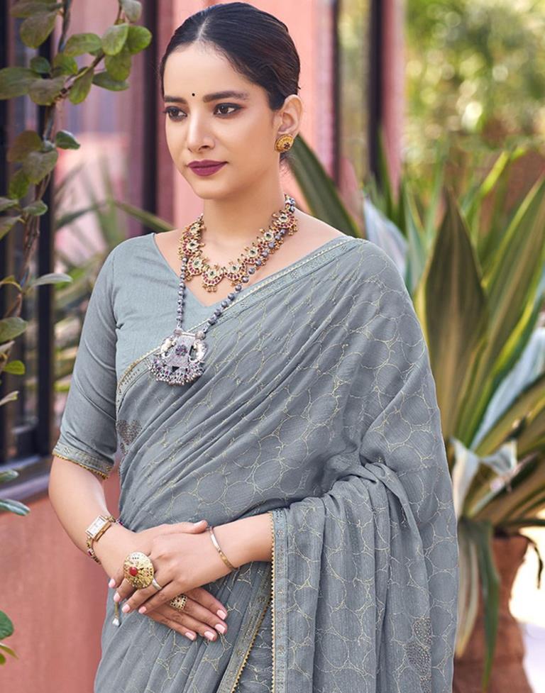 Grey Chiffon Printed Saree | Sudathi