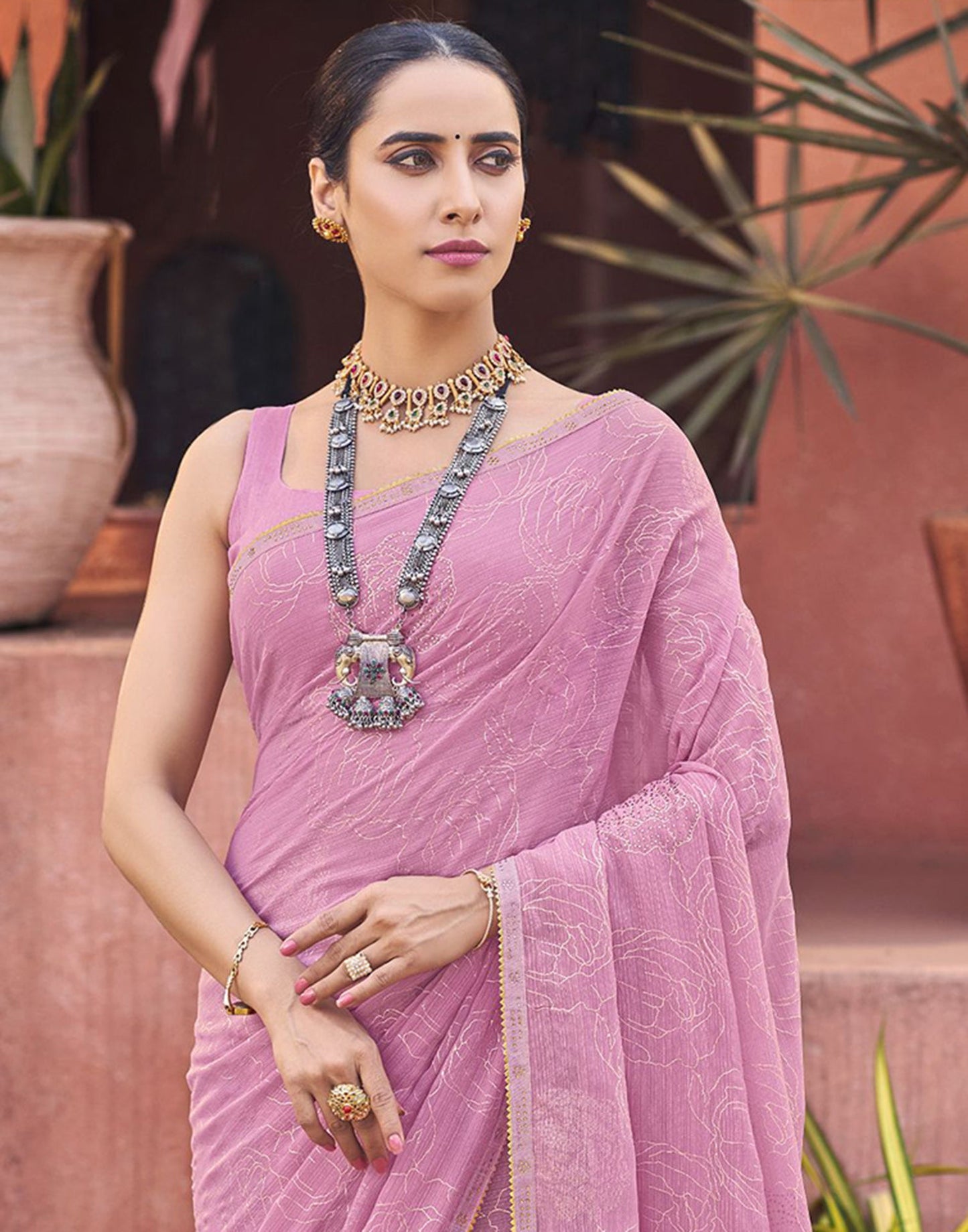 Light Pink Chiffon Printed Saree