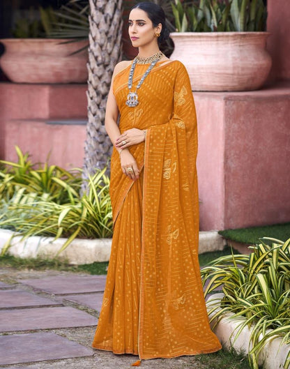 Mustard Yellow Chiffon Printed Saree | Sudathi