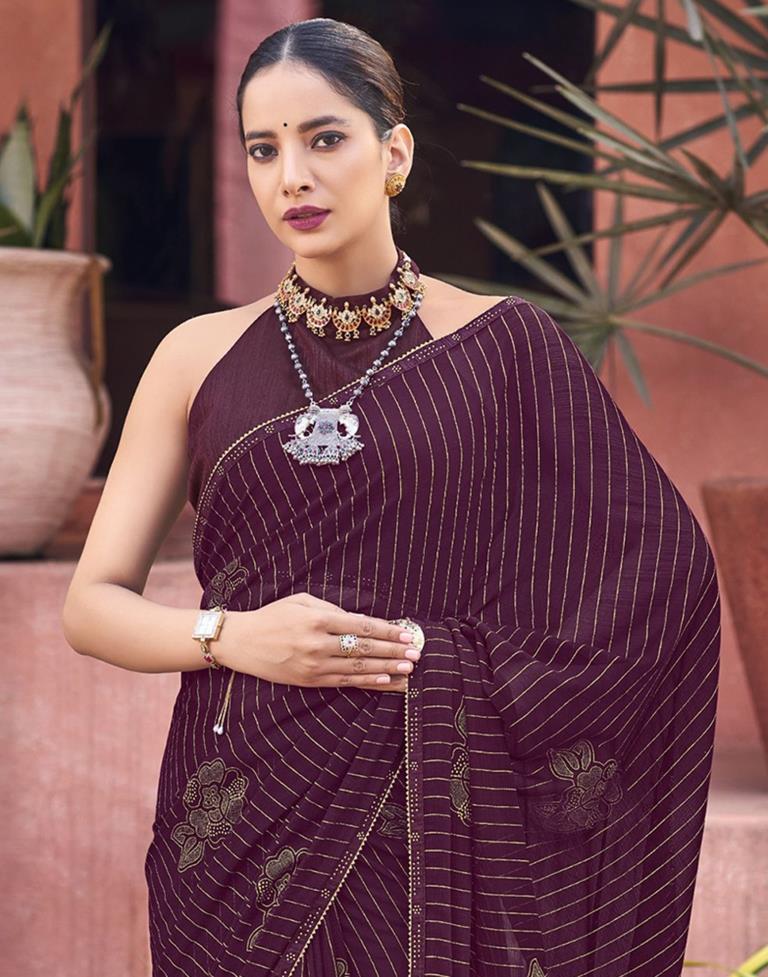 Wine Striped Chiffon Printed Saree | Sudathi