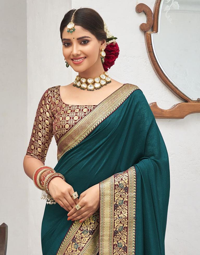 Teal Blue Silk Plain Saree | Sudathi