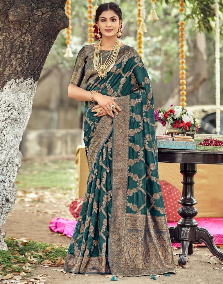 Teal Blue Banarasi Silk Weaving Saree | Leemboodi