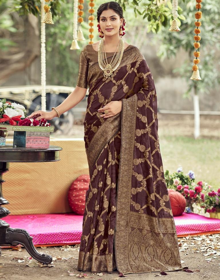 Brown Banarasi Silk Weaving Saree | Leemboodi
