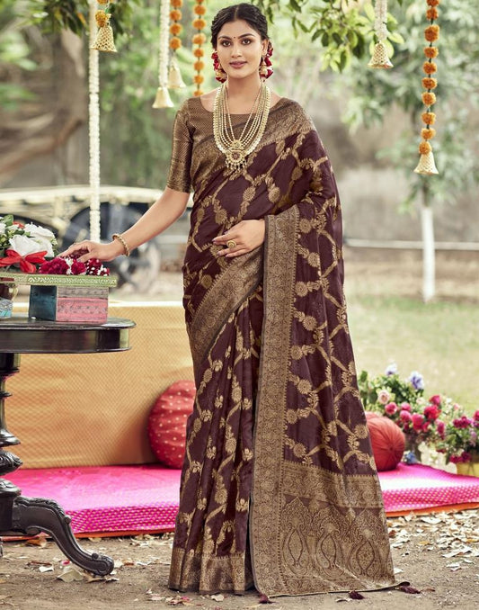 Brown Banarasi Silk Weaving Saree | Leemboodi
