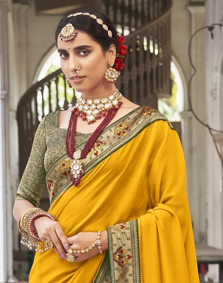 Mustard Yellow Silk Plain Saree | Sudathi