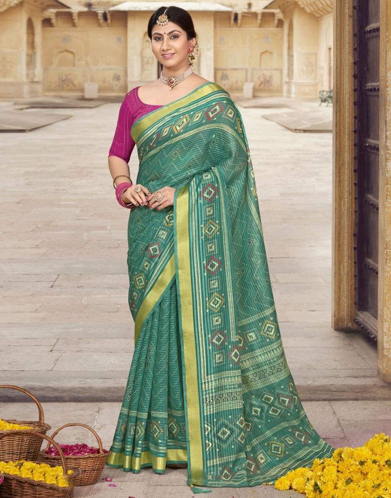 Rama Green Cotton Printed Saree | Leemboodi