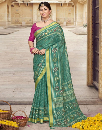 Rama Green Cotton Printed Saree | Leemboodi