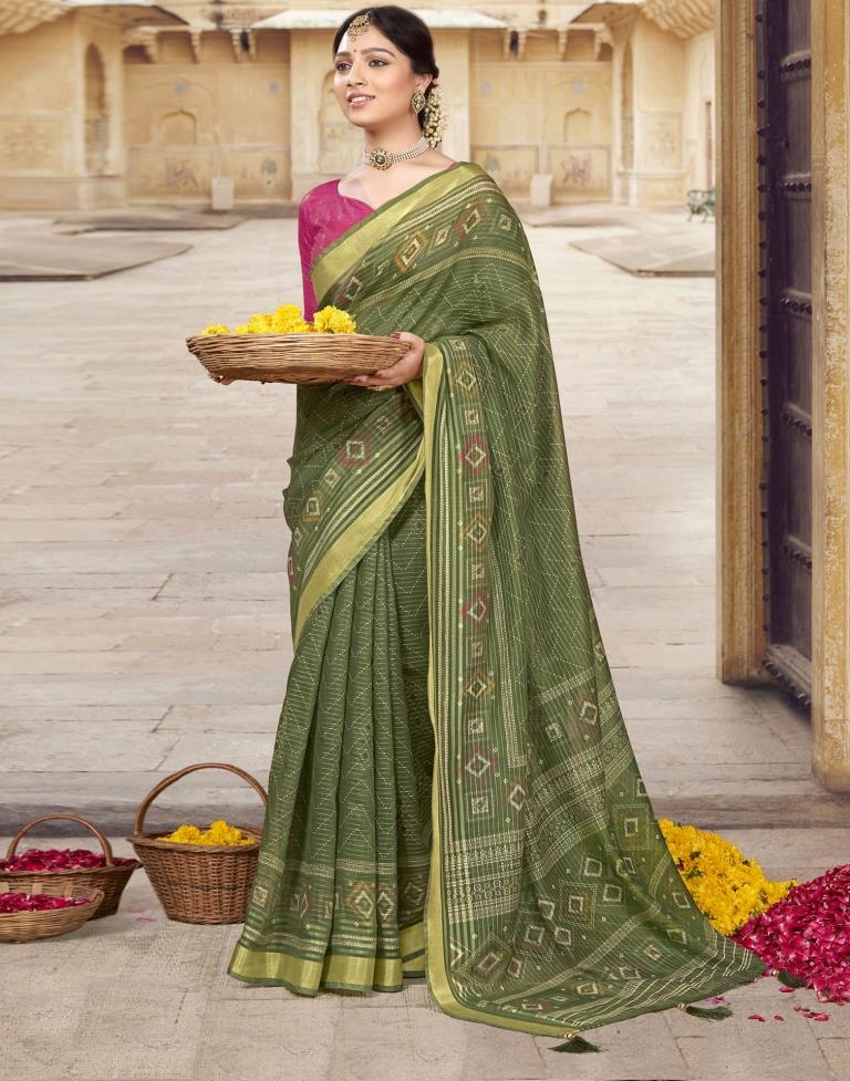Olive Green Cotton Printed Saree | Leemboodi