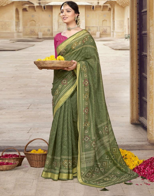 Olive Green Cotton Printed Saree | Leemboodi