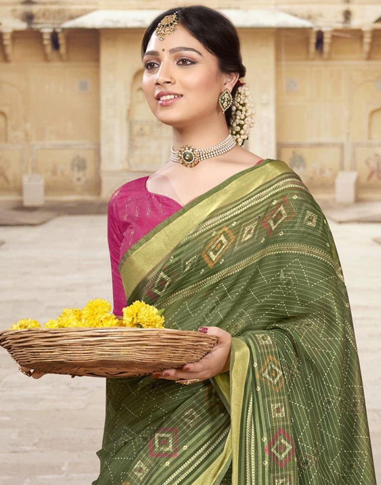 Olive Green Cotton Printed Saree | Leemboodi