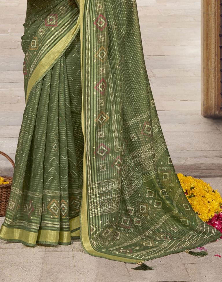 Olive Green Cotton Printed Saree | Leemboodi