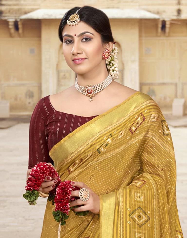 Mustard Yellow Cotton Printed Saree | Leemboodi