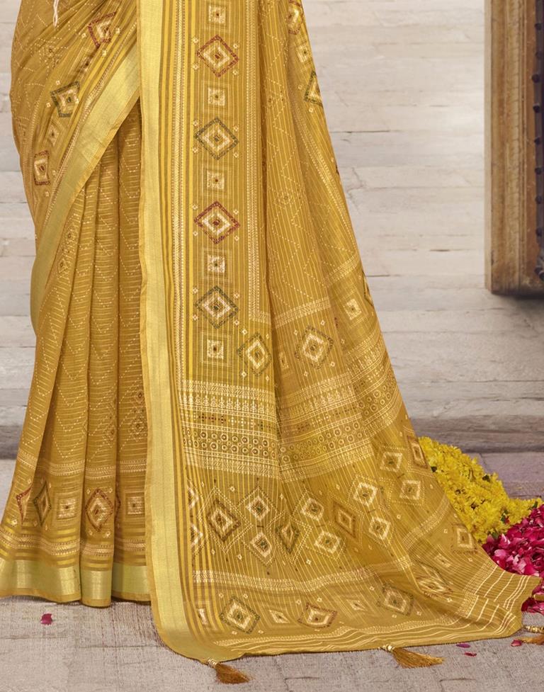 Mustard Yellow Cotton Printed Saree | Leemboodi