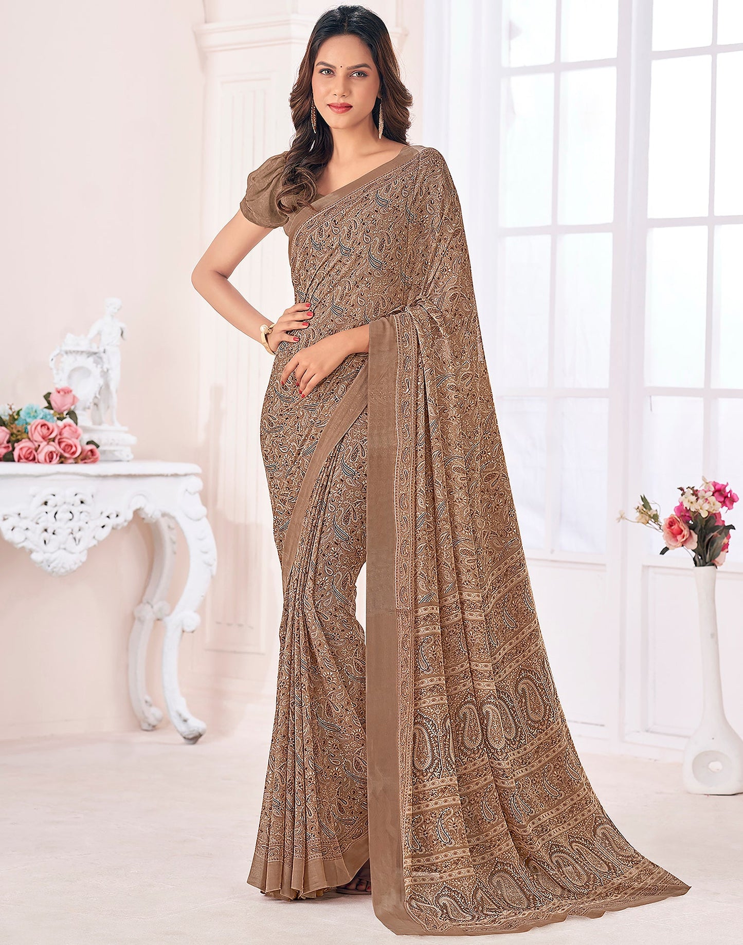 Brown Georgette Printed Saree