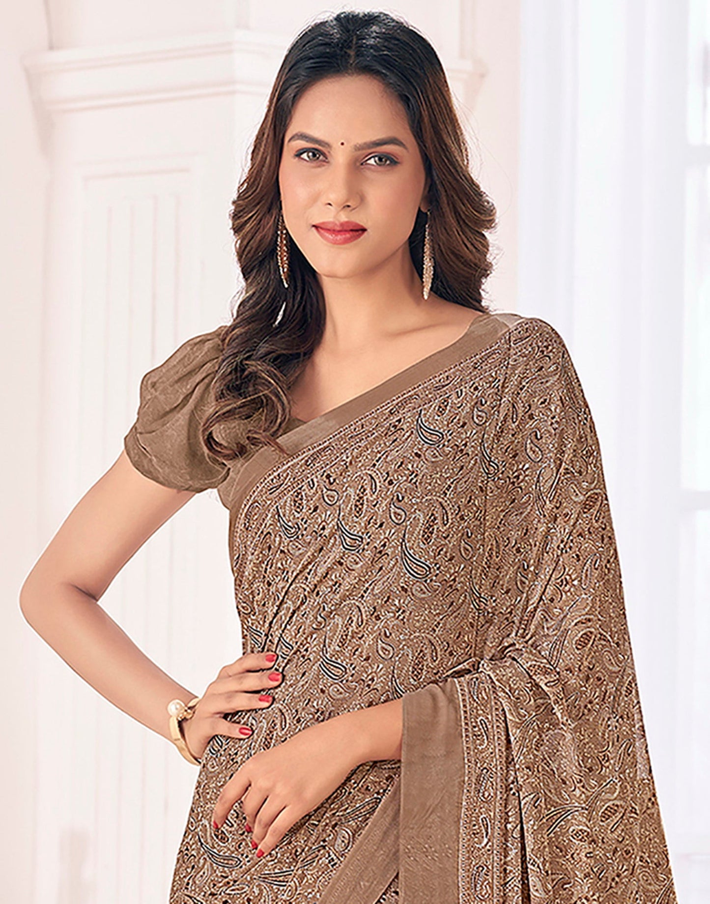 Brown Georgette Printed Saree