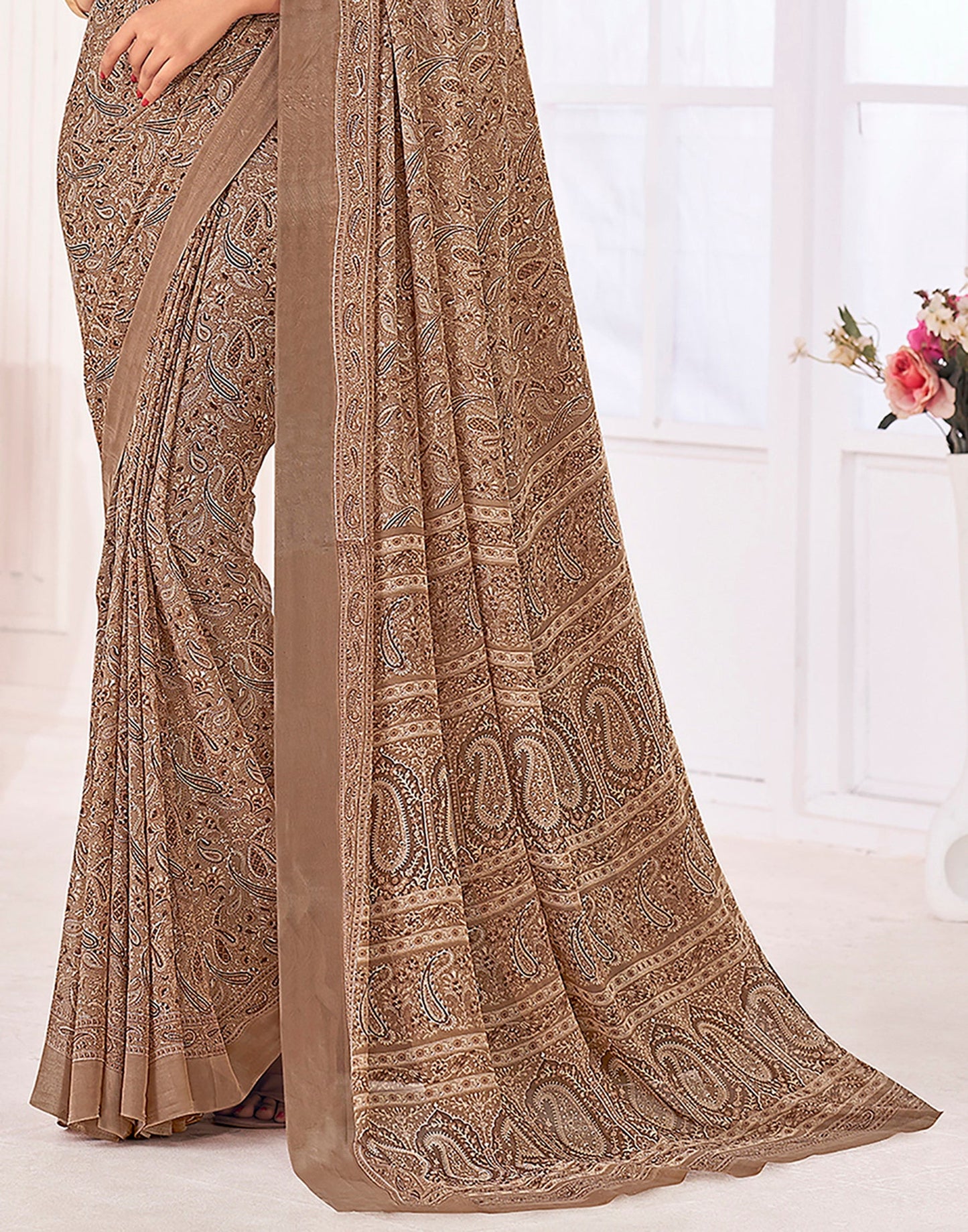 Brown Georgette Printed Saree