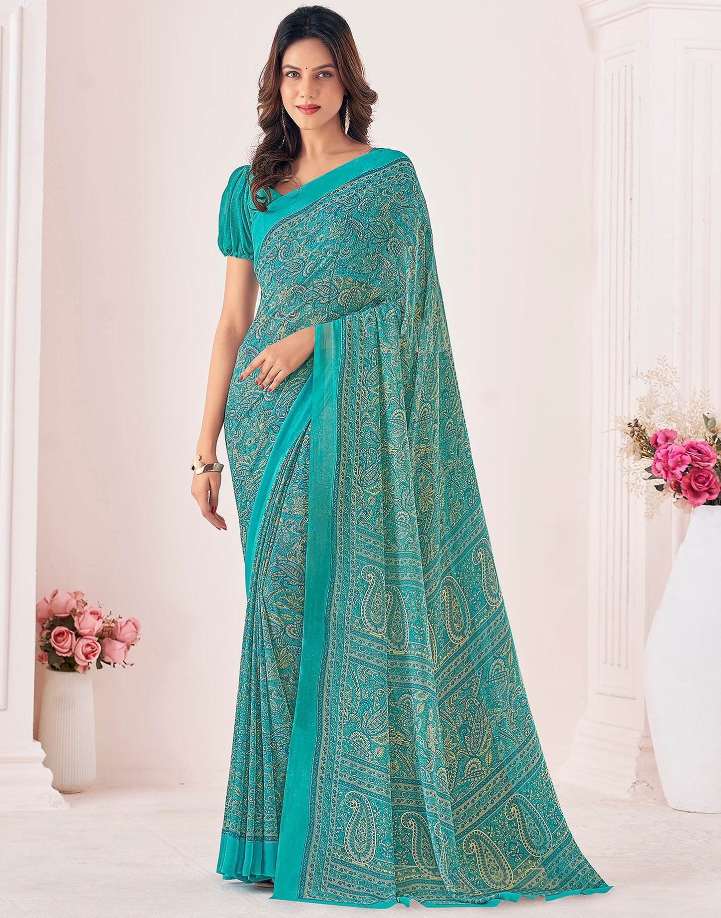 Rama Green Georgette Printed Saree