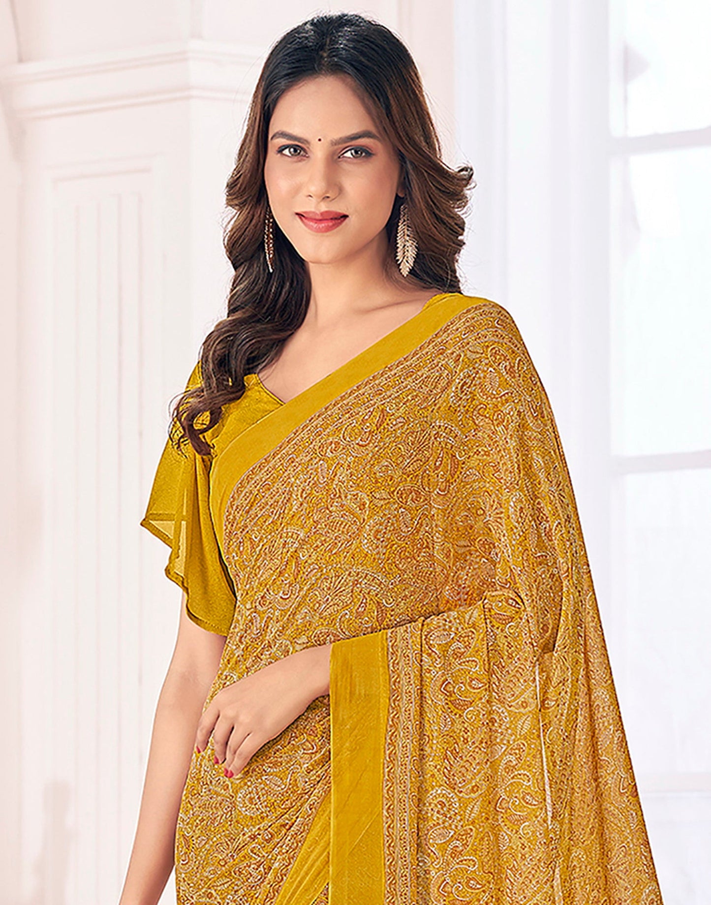 Mustard Yellow Georgette Printed Saree