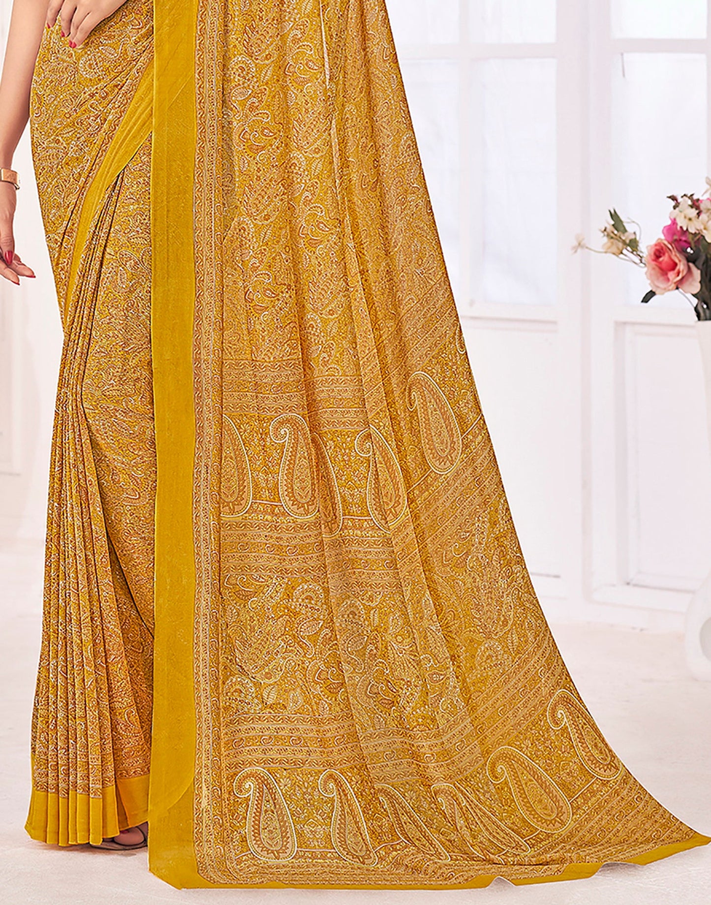 Mustard Yellow Georgette Printed Saree