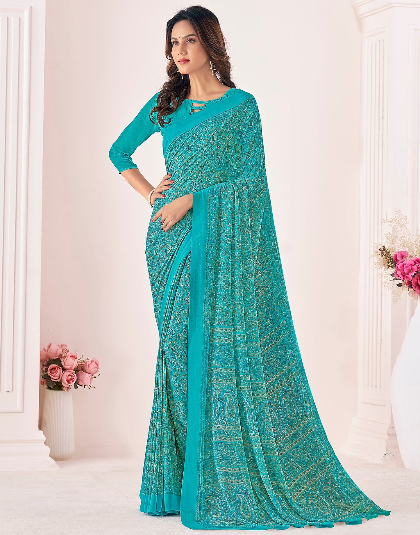 Rama Green Georgette Printed Saree