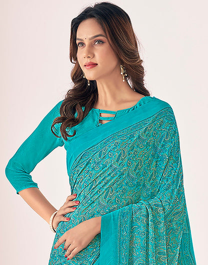 Rama Green Georgette Printed Saree