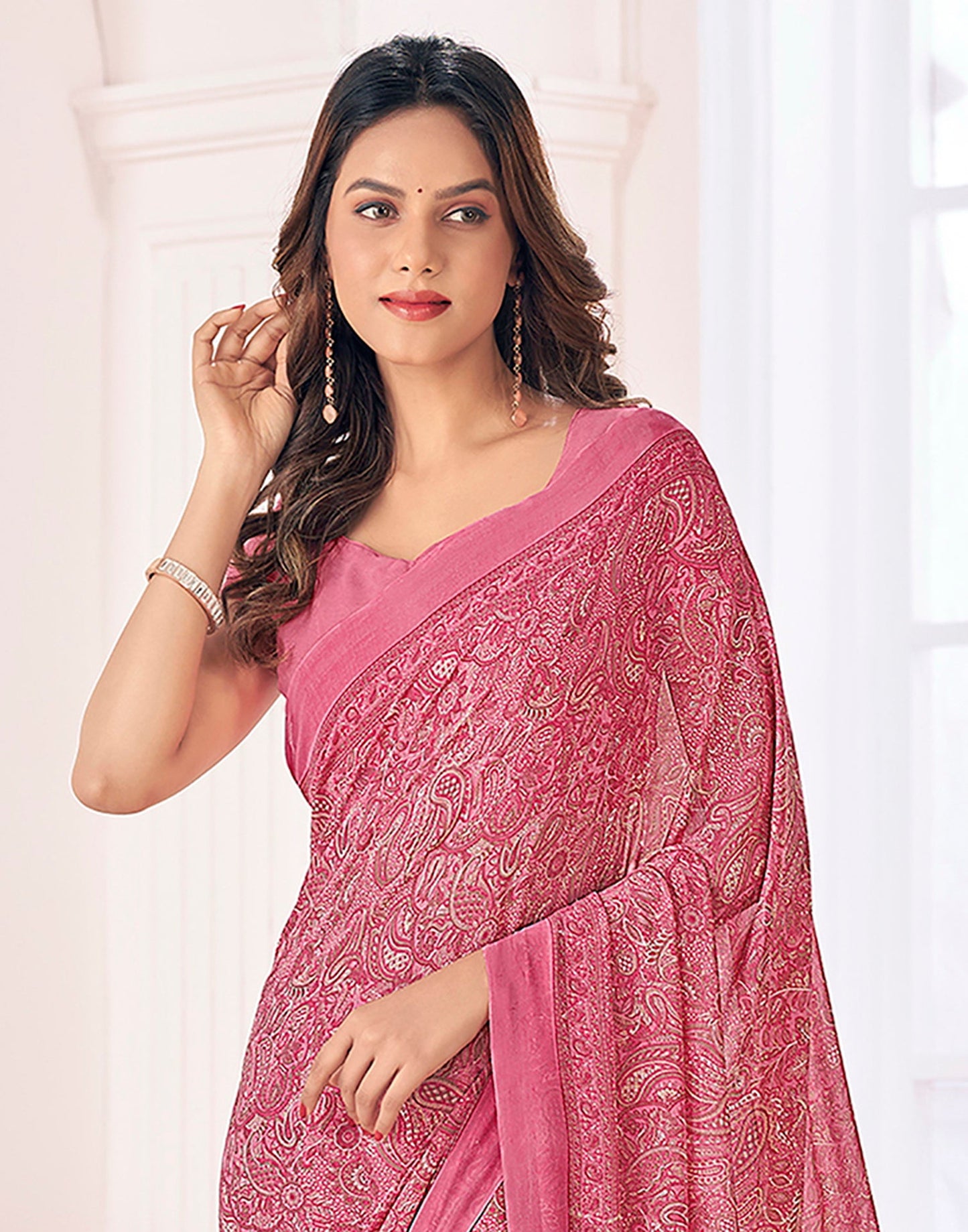 Pink Georgette Printed Saree