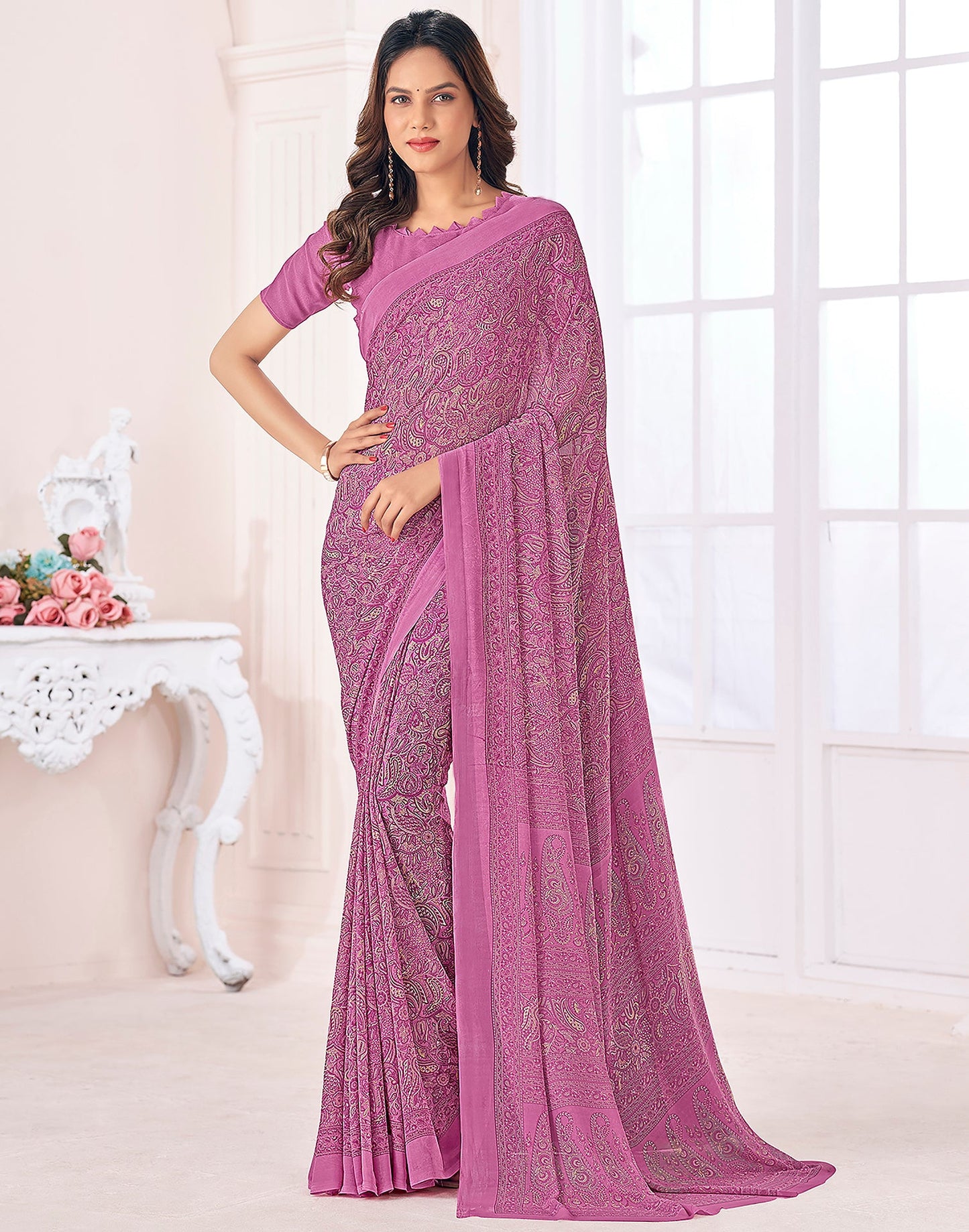 Dusty Pink Georgette Printed Saree
