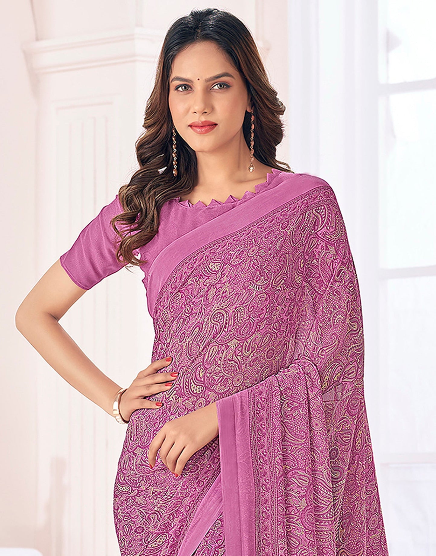 Dusty Pink Georgette Printed Saree