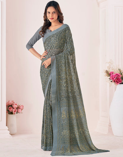 Dark Grey Georgette Printed Saree