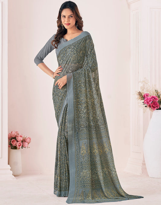 Dark Grey Georgette Printed Saree