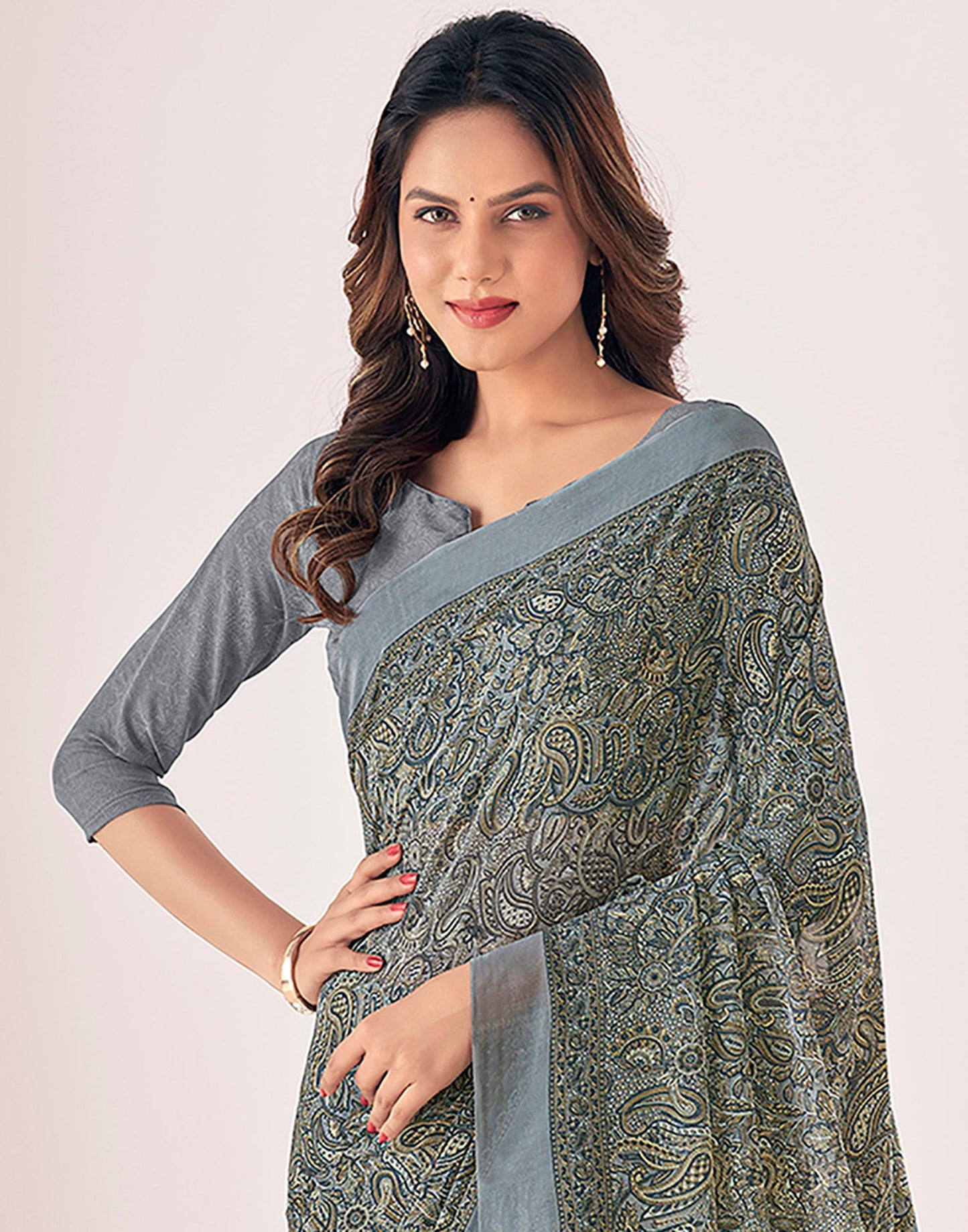 Dark Grey Georgette Printed Saree