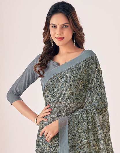 Dark Grey Georgette Printed Saree